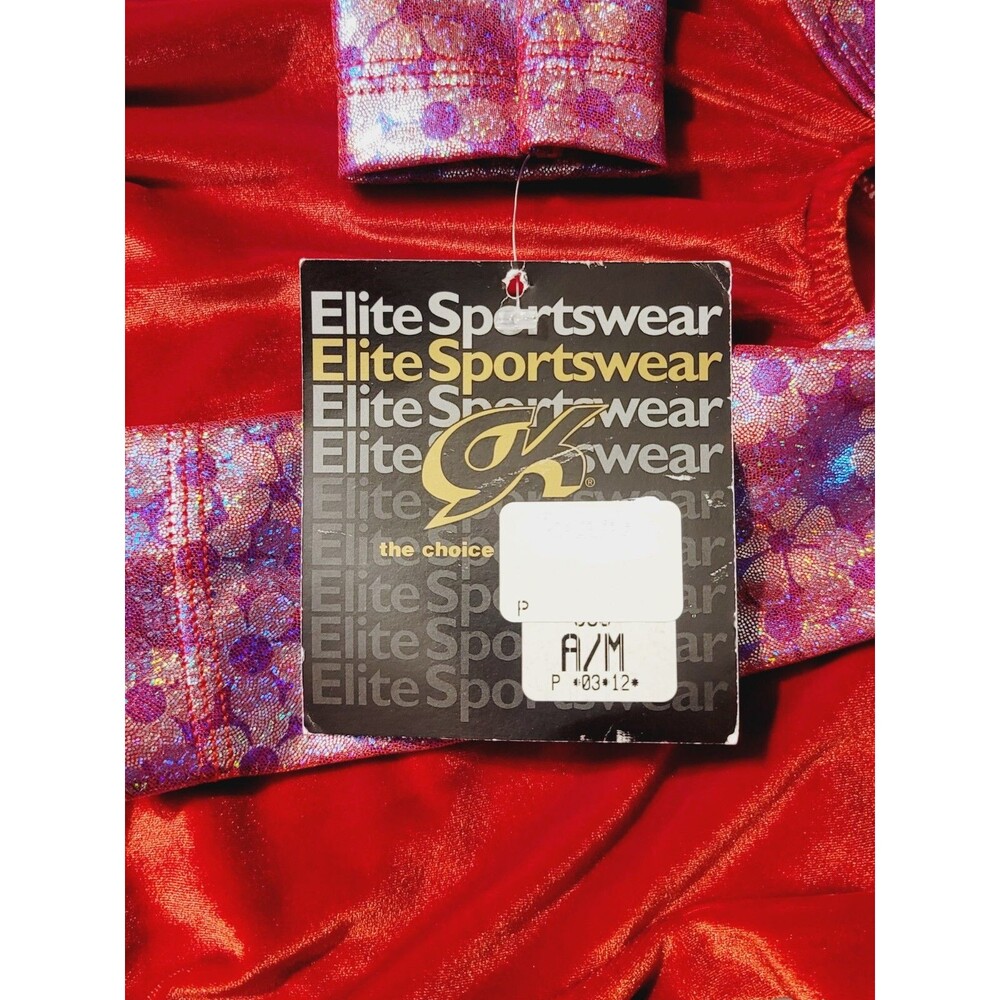 GK Elite VTG Red Velvet Floral Holographic LS Keyhole Leotard Size AM Adult M - Picture 15 of 16